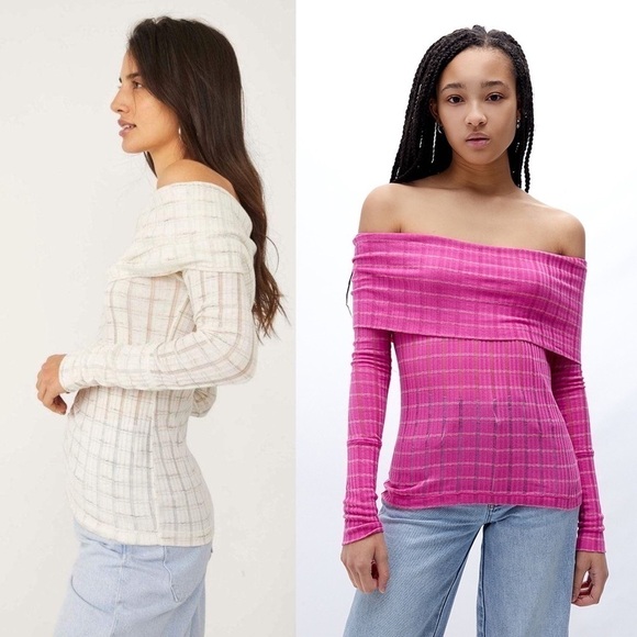 NWT FREE PEOPLE Ribbed Knit Striped Off Shoulder Après-ski Peach Sweater Top XS - Picture 10 of 13